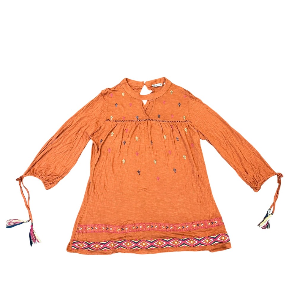 Hannah Womens 1X Burnt Orange Boho Embroidered Tassel Tunic Top ZBTU0387